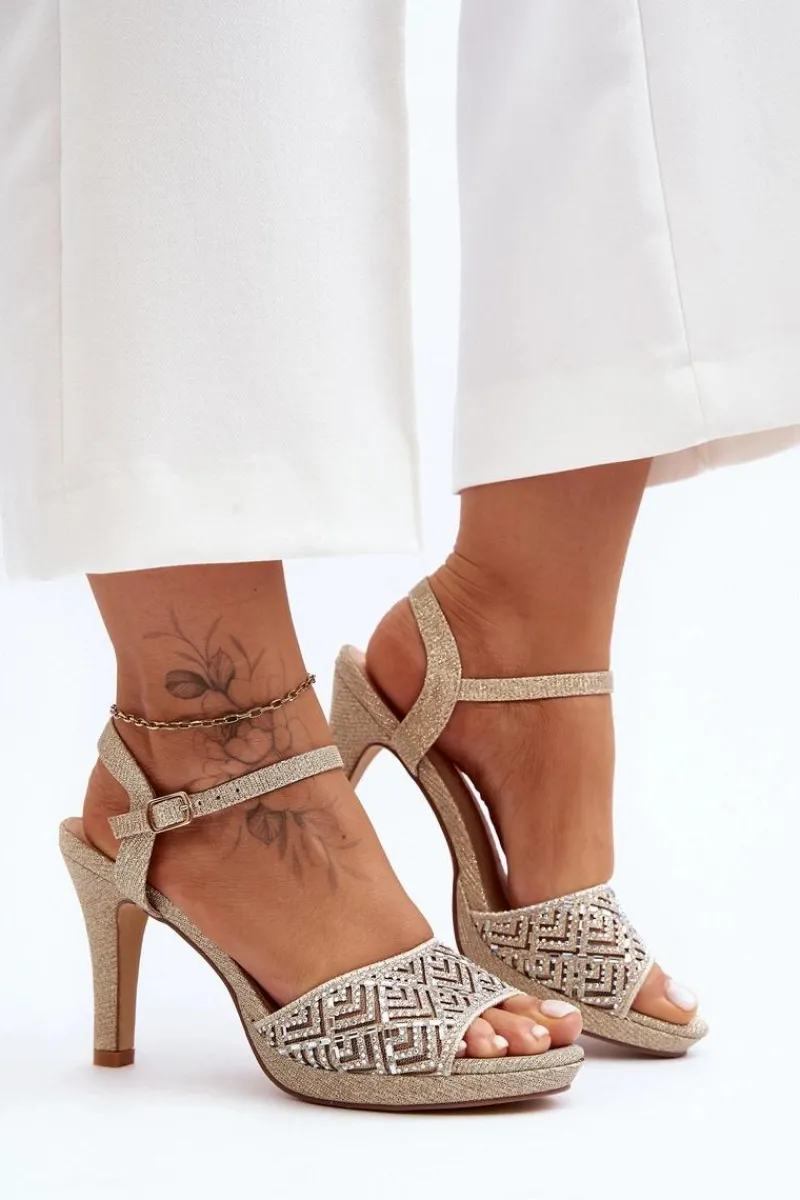 New D&A Zdobione Sandały Na Obcasie MR1038-44 Złote Złoty