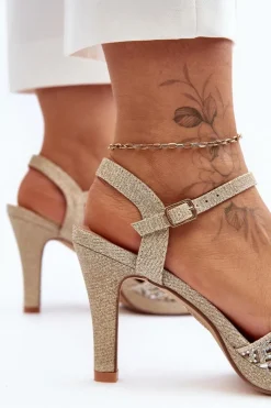 New D&A Zdobione Sandały Na Obcasie MR1038-44 Złote Złoty