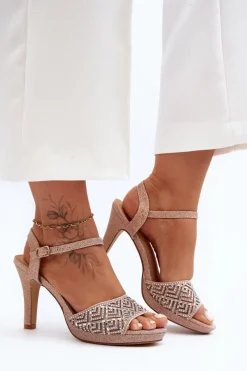 D&A Zdobione Sandały Na Obcasie MR1038-44 Różowe Złoto Różowy