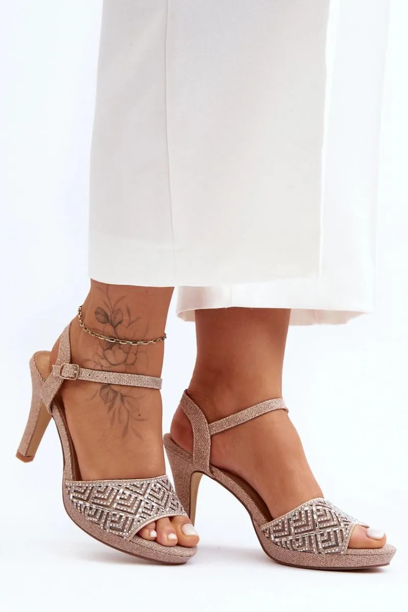 D&A Zdobione Sandały Na Obcasie MR1038-44 Różowe Złoto Różowy