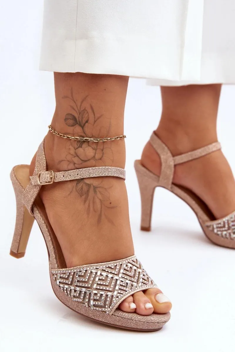 D&A Zdobione Sandały Na Obcasie MR1038-44 Różowe Złoto Różowy