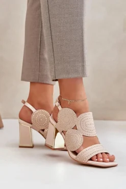 Online Zdobione Sandały Na Słupku Beżowe Delariona Damskie Sandały Na Słupku|Sandały Z Cholewką