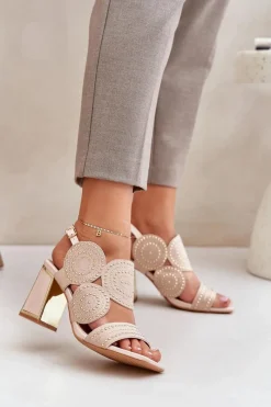 Online Zdobione Sandały Na Słupku Beżowe Delariona Damskie Sandały Na Słupku|Sandały Z Cholewką