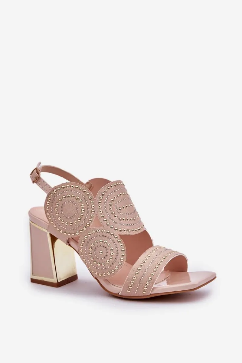 Online Zdobione Sandały Na Słupku Beżowe Delariona Damskie Sandały Na Słupku|Sandały Z Cholewką
