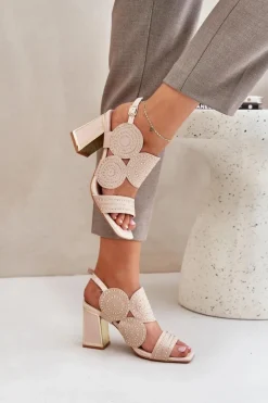 Online Zdobione Sandały Na Słupku Beżowe Delariona Damskie Sandały Na Słupku|Sandały Z Cholewką