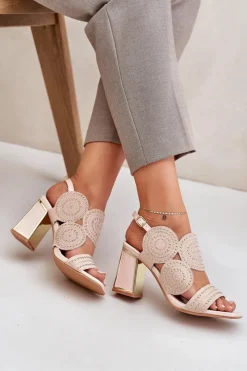 Online Zdobione Sandały Na Słupku Beżowe Delariona Damskie Sandały Na Słupku|Sandały Z Cholewką