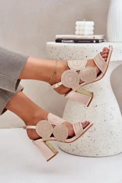 Online Zdobione Sandały Na Słupku Beżowe Delariona Damskie Sandały Na Słupku|Sandały Z Cholewką