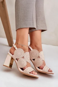 Online Zdobione Sandały Na Słupku Beżowe Delariona Damskie Sandały Na Słupku|Sandały Z Cholewką