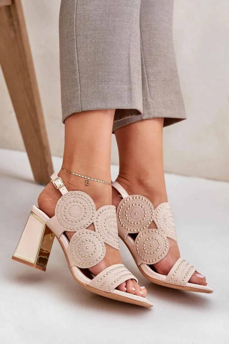 Online Zdobione Sandały Na Słupku Beżowe Delariona Damskie Sandały Na Słupku|Sandały Z Cholewką