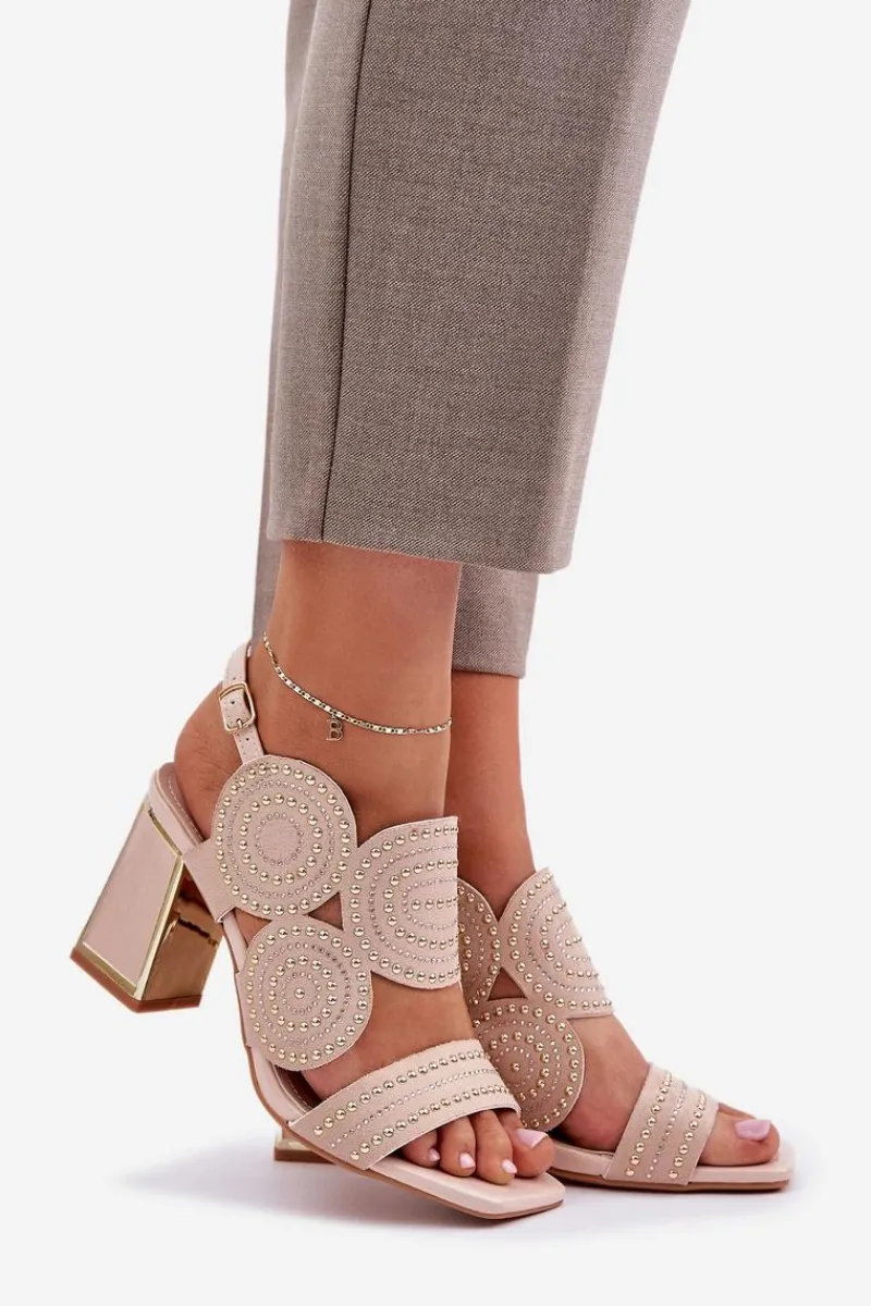 Online Zdobione Sandały Na Słupku Beżowe Delariona Damskie Sandały Na Słupku|Sandały Z Cholewką