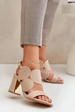 Sandały Na Słupku|Sandały Z Cholewką>Boto Zdobione Sandały Na Słupku Ciemnobeżowe Delariona