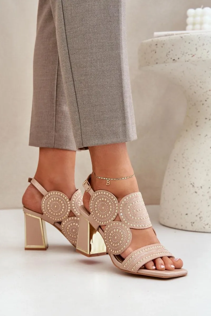 Sandały Na Słupku|Sandały Z Cholewką>Boto Zdobione Sandały Na Słupku Ciemnobeżowe Delariona