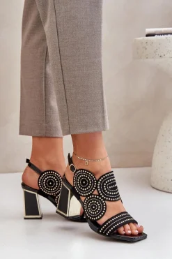 Sale Zdobione Sandały Na Słupku Czarne Delariona Damskie Sandały Na Obcasie