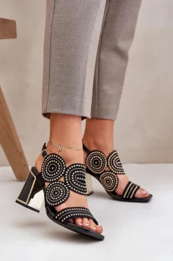 Sale Zdobione Sandały Na Słupku Czarne Delariona Damskie Sandały Na Obcasie