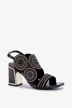 Sale Zdobione Sandały Na Słupku Czarne Delariona Damskie Sandały Na Obcasie