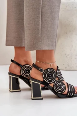 Sale Zdobione Sandały Na Słupku Czarne Delariona Damskie Sandały Na Obcasie