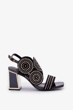 Sale Zdobione Sandały Na Słupku Czarne Delariona Damskie Sandały Na Obcasie