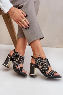 Sale Zdobione Sandały Na Słupku Czarne Delariona Damskie Sandały Na Obcasie
