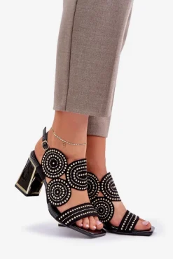 Sale Zdobione Sandały Na Słupku Czarne Delariona Damskie Sandały Na Obcasie