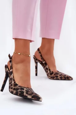 Sandały Na Obcasie>Boto Zdobione Sandały Na Szpilce Panterka Beżowo-Czarne Kemonia