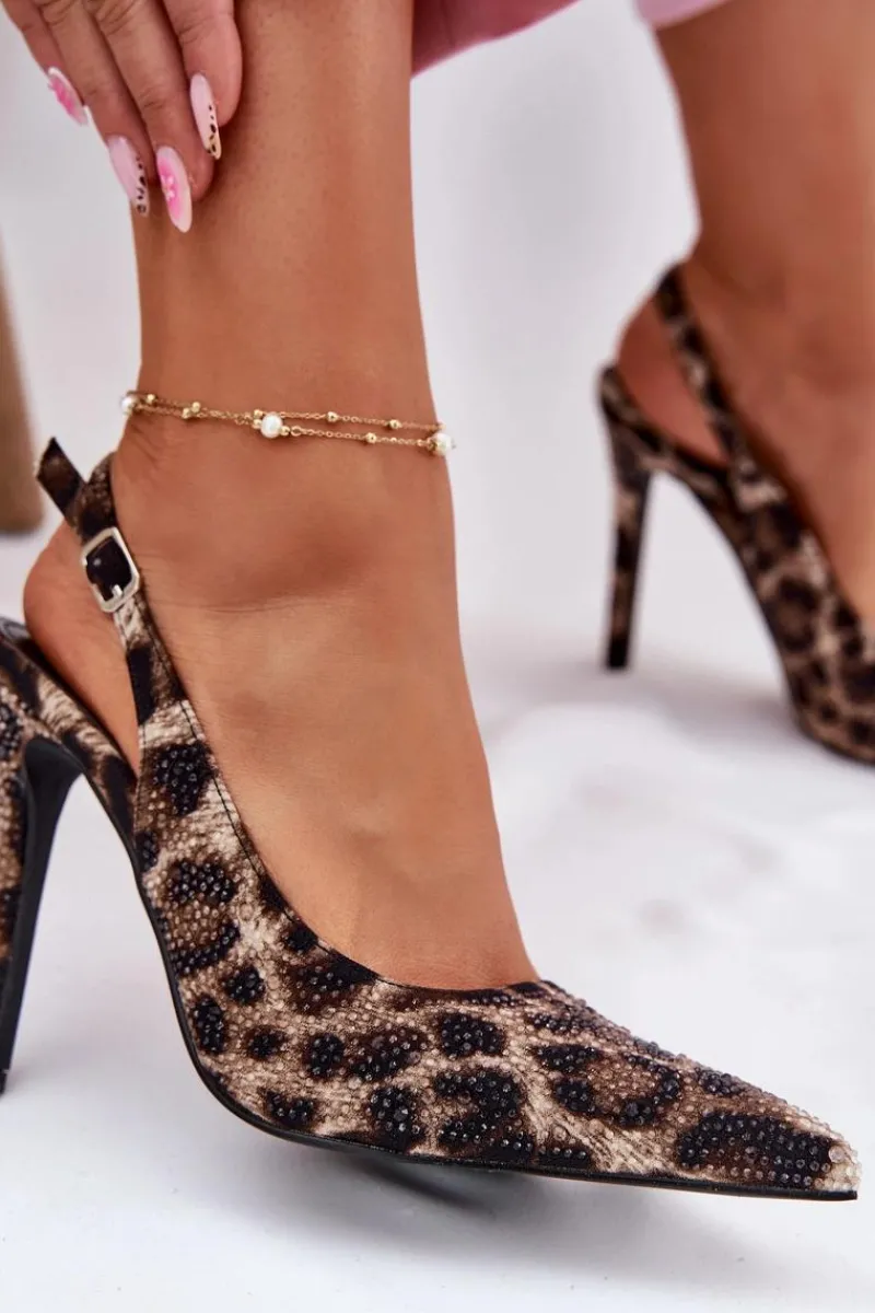 Sandały Na Obcasie>Boto Zdobione Sandały Na Szpilce Panterka Beżowo-Czarne Kemonia