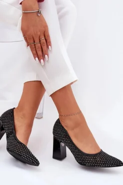 New Buty damskie Vinceza Zdobione Siateczkowe Czółenka Na Słupku Vinceza 62211 Czarne Czarny