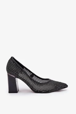 New Buty damskie Vinceza Zdobione Siateczkowe Czółenka Na Słupku Vinceza 62211 Czarne Czarny