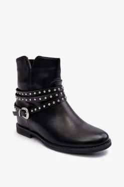 Czarne Botki|Brązowe I Beżowe Botki>Boto Zdobione Skórzane Botki Damskie Na Płaskim Obcasie Czarne Adkrana