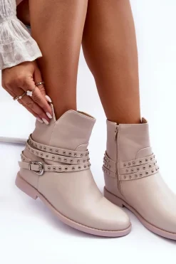 Hot Zdobione Skórzane Botki Damskie Na Płaskim Obcasie Beżowe Adkrana Damskie Czarne Botki|Brązowe I Beżowe Botki