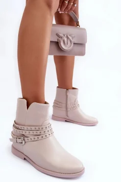 Hot Zdobione Skórzane Botki Damskie Na Płaskim Obcasie Beżowe Adkrana Damskie Czarne Botki|Brązowe I Beżowe Botki