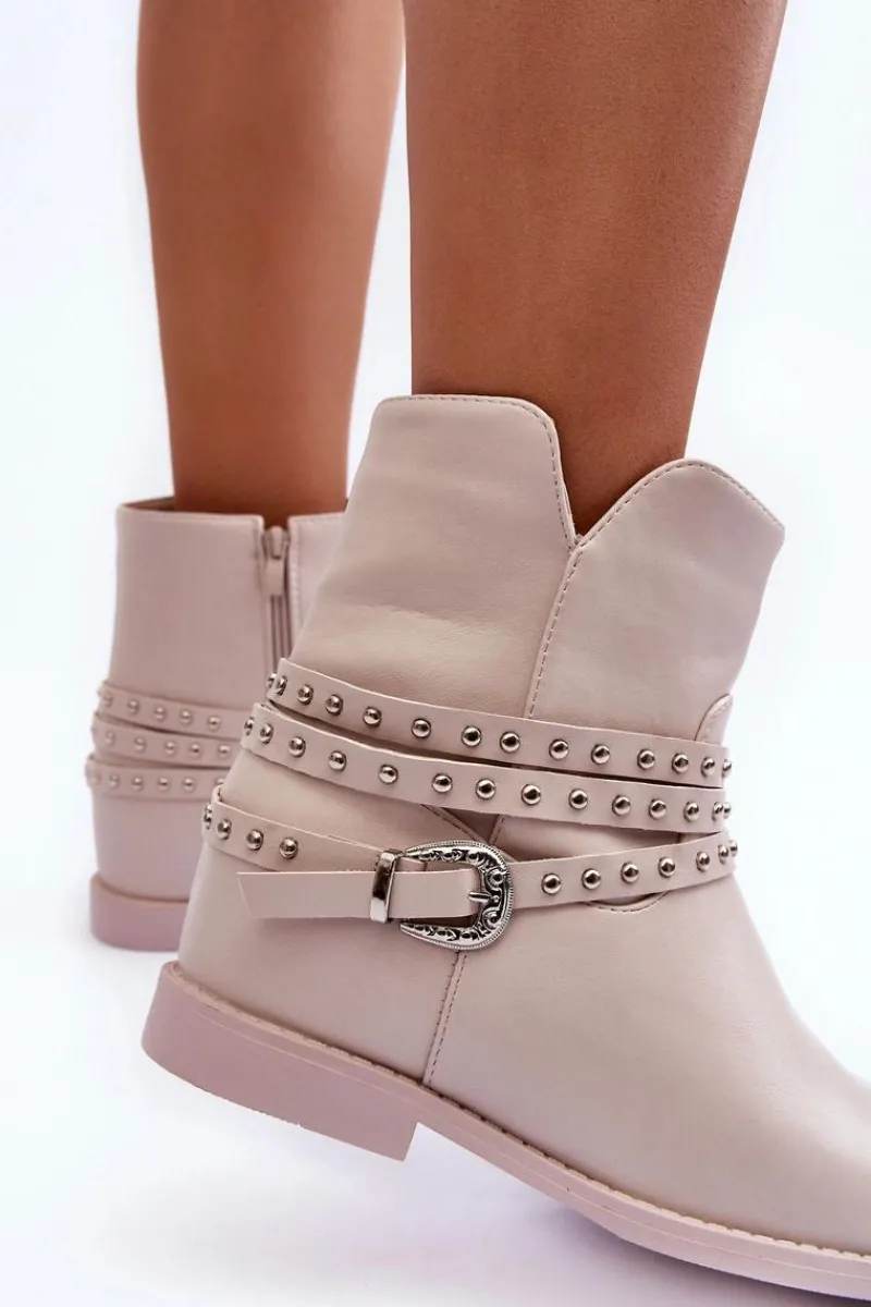 Hot Zdobione Skórzane Botki Damskie Na Płaskim Obcasie Beżowe Adkrana Damskie Czarne Botki|Brązowe I Beżowe Botki