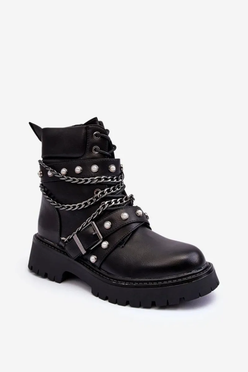 New Boto Zdobione Skórzane Damskie Botki Workery Czarne Sibenna