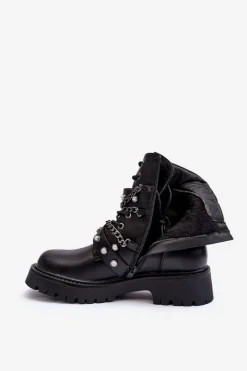 New Boto Zdobione Skórzane Damskie Botki Workery Czarne Sibenna