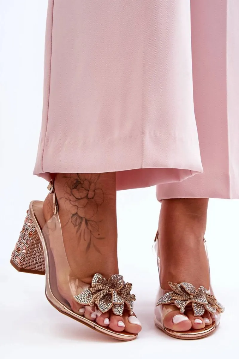 Clearance Zdobione Stylowe Sandały Transparentne Różowe Złoto S.Barski MR1037-18 Damskie Sandały Na Obcasie