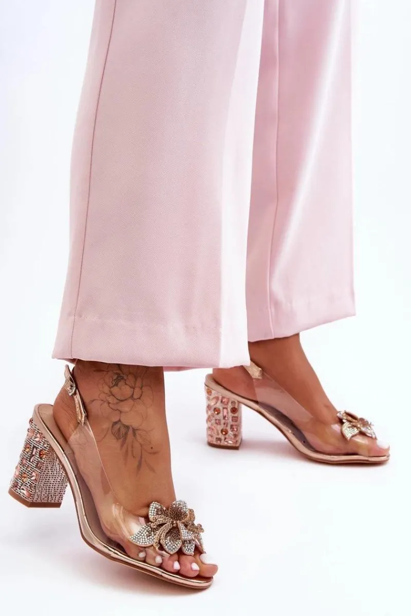 Clearance Zdobione Stylowe Sandały Transparentne Różowe Złoto S.Barski MR1037-18 Damskie Sandały Na Obcasie