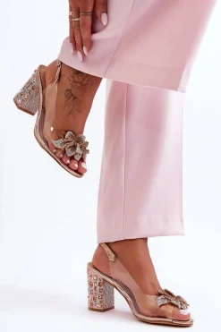 Clearance Zdobione Stylowe Sandały Transparentne Różowe Złoto S.Barski MR1037-18 Damskie Sandały Na Obcasie