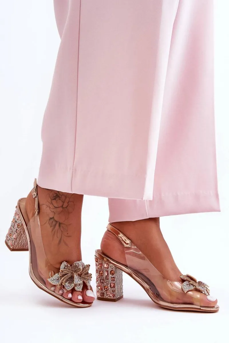 Clearance Zdobione Stylowe Sandały Transparentne Różowe Złoto S.Barski MR1037-18 Damskie Sandały Na Obcasie