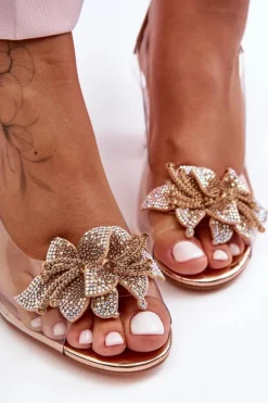 Clearance Zdobione Stylowe Sandały Transparentne Różowe Złoto S.Barski MR1037-18 Damskie Sandały Na Obcasie