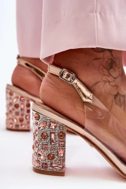 Clearance Zdobione Stylowe Sandały Transparentne Różowe Złoto S.Barski MR1037-18 Damskie Sandały Na Obcasie