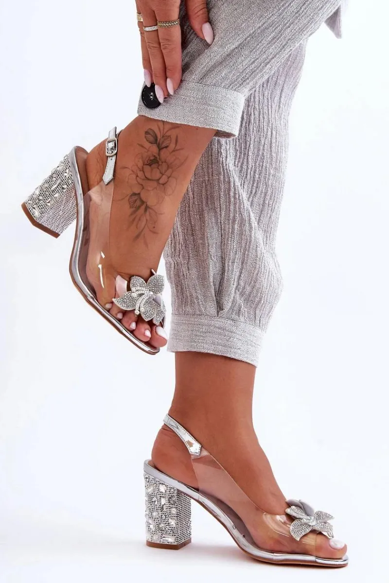 Sandały Na Obcasie>Damskie buty S.Barski Zdobione Stylowe Sandały Transparentne Srebrne S.Barski MR1037-18