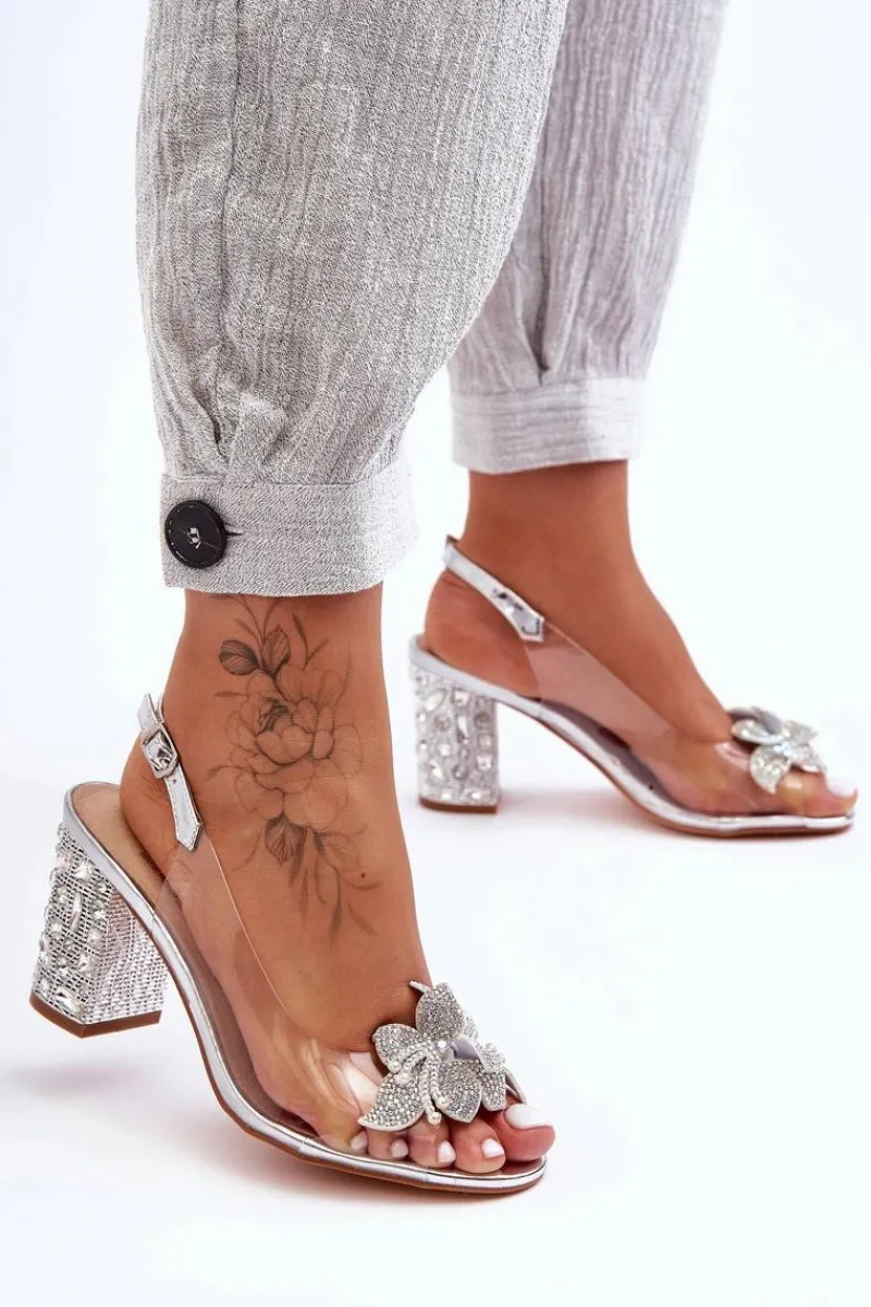 Sandały Na Obcasie>Damskie buty S.Barski Zdobione Stylowe Sandały Transparentne Srebrne S.Barski MR1037-18