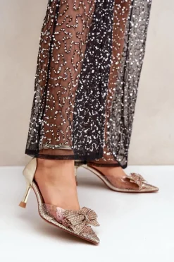 Sale Zdobione Szpilki Z Kokardą Złote Laviri Damskie Czółenka Klasyczne