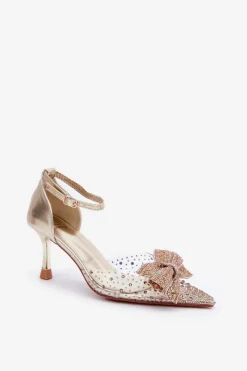 Sale Zdobione Szpilki Z Kokardą Złote Laviri Damskie Czółenka Klasyczne