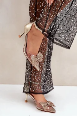 Sale Zdobione Szpilki Z Kokardą Złote Laviri Damskie Czółenka Klasyczne