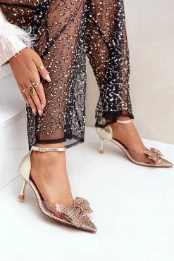 Sale Zdobione Szpilki Z Kokardą Złote Laviri Damskie Czółenka Klasyczne