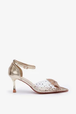 Sale Zdobione Szpilki Z Kokardą Złote Laviri Damskie Czółenka Klasyczne