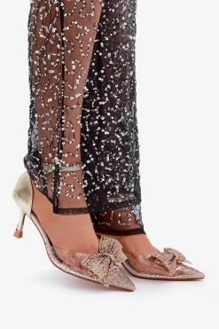 Sale Zdobione Szpilki Z Kokardą Złote Laviri Damskie Czółenka Klasyczne