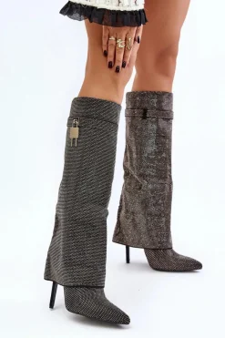 Online Zdobione Wsuwane Kozaki Na Szpilce Z Wywiniętą Cholewką Czarne Enathlin Damskie Kozaki Ocieplane|Kozaki Na Szpilce