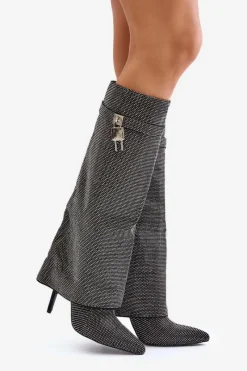 Online Zdobione Wsuwane Kozaki Na Szpilce Z Wywiniętą Cholewką Czarne Enathlin Damskie Kozaki Ocieplane|Kozaki Na Szpilce