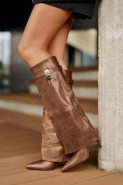 Clearance Zdobione Wsuwane Kozaki Na Szpilce Z Wywiniętą Cholewką Brązowe Enathlin Damskie Kozaki Ocieplane|Kozaki Na Szpilce